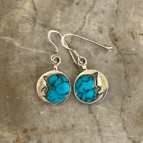 Sterling Silver 925 Dainty Round Turquoise Crescent Moon Dangle Drop Earrings - Picture 16 of 16